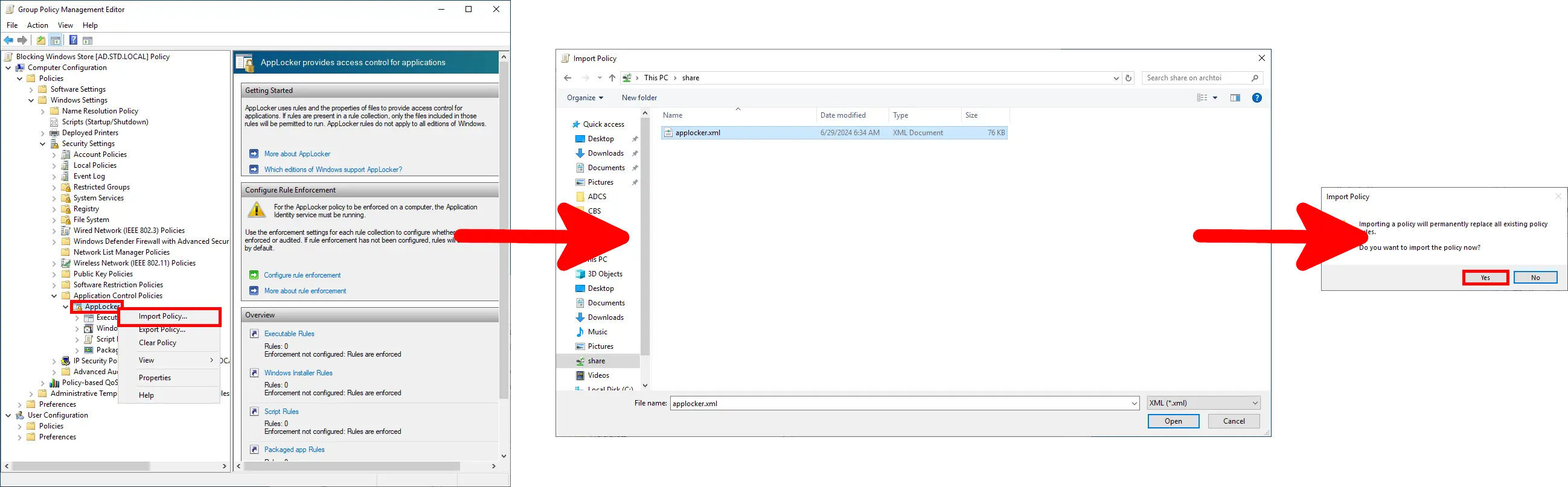 Importing an AppLocker XML policy into a Group Policy Object and confirming replacement of existing AppLocker rules