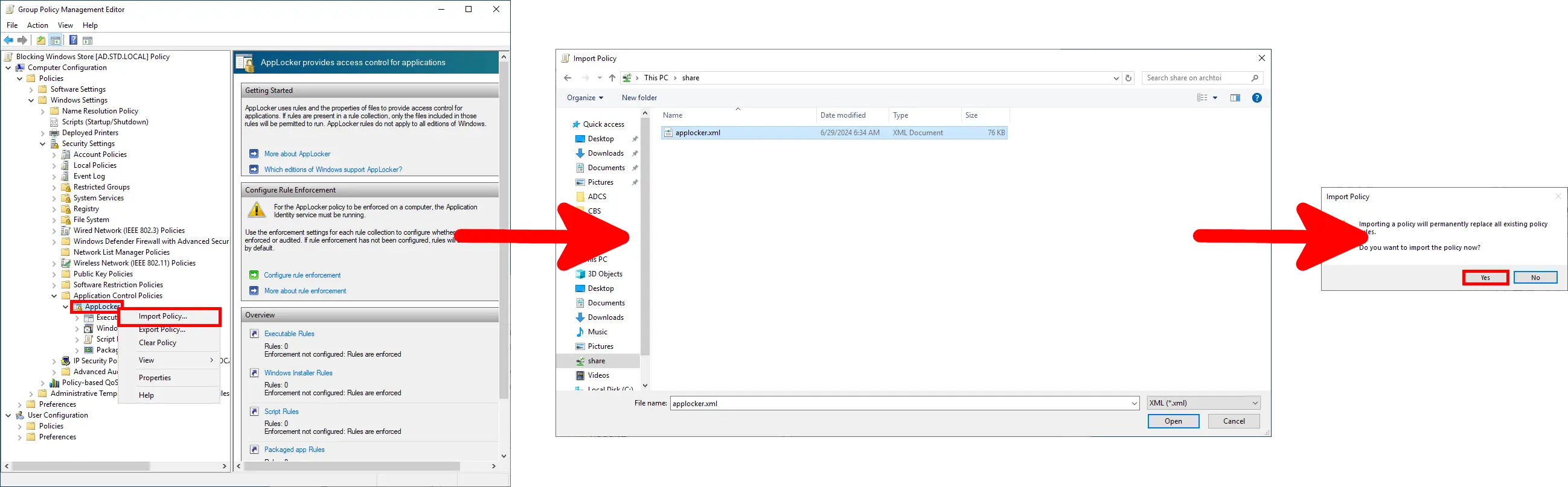 Screenshot showing the Group Policy Management Editor with AppLocker settings selected and the context menu option 'Import Policy' highlighted. An arrow points to the file open dialog on the right, where 'applocker.xml' is selected, and another arrow points to a confirmation dialog asking 'Do you want to import the policy now?' with the 'Yes' button highlighted.