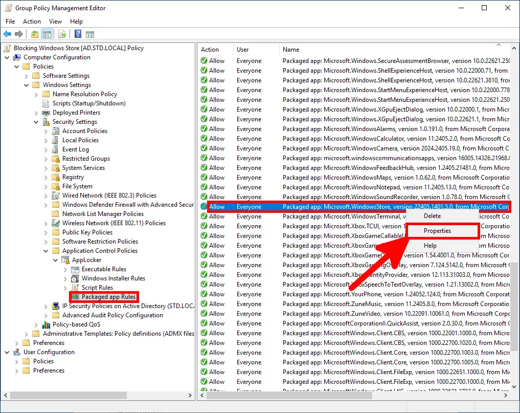 Opening the properties of the Microsoft Windows Store packaged app rule in AppLocker
