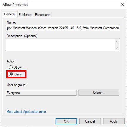 Setting the Microsoft Store AppLocker packaged app rule action to Deny
