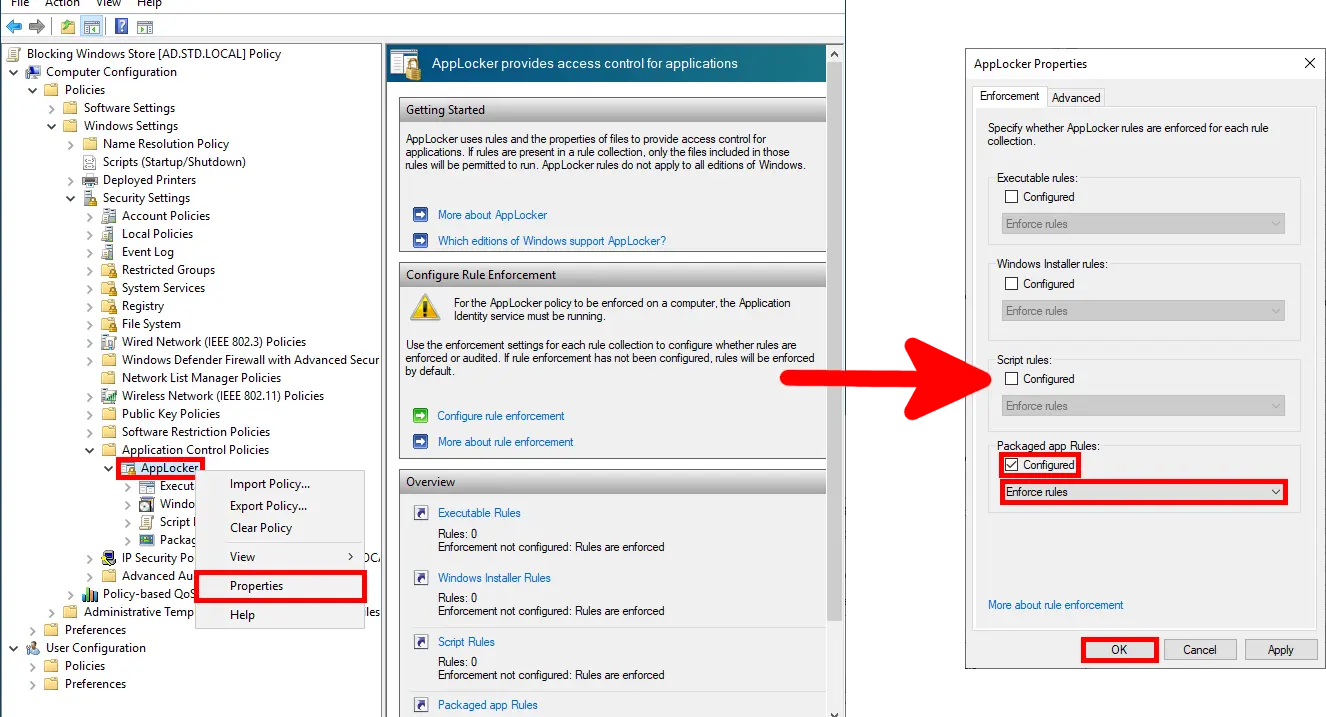 Screenshot showing the Group Policy Management Editor with AppLocker under Application Control Policies selected and the context menu option 'Properties' highlighted. An arrow points to the AppLocker Properties dialog where 'Configured' is checked for Packaged app Rules and 'Enforce rules' is selected. The OK button is highlighted.