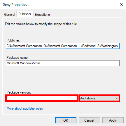 Configuring the Microsoft Store AppLocker packaged app rule to apply to all package versions using And above