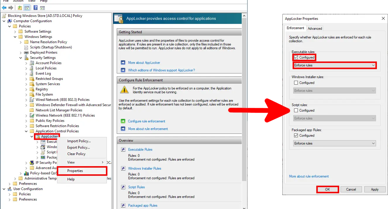 Screenshot showing the Group Policy Management Editor with AppLocker under Application Control Policies selected and the context menu option 'Properties' highlighted. An arrow points to the AppLocker Properties dialog where 'Configured' is checked for Executable rules with 'Enforce rules' selected, and the same for Packaged app Rules. The OK button is highlighted.