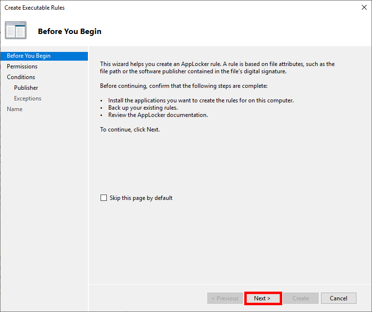 AppLocker Create Executable Rules wizard showing the Before You Begin page
