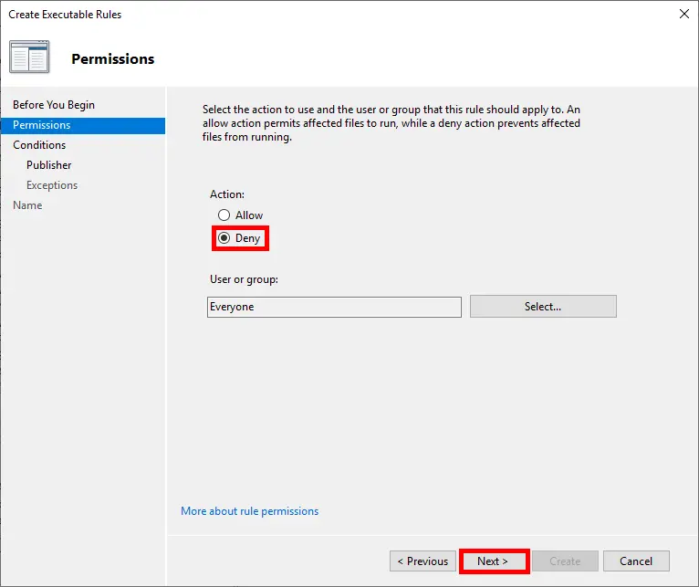 Screenshot of the 'Create Executable Rules' wizard in the AppLocker section of the Group Policy Management Editor. The 'Permissions' page is shown with the action set to 'Deny' for everyone. The 'Next' button is highlighted.