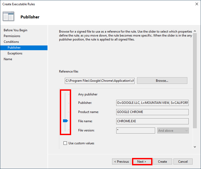 Configuring an AppLocker Publisher rule for chrome.exe with the file version set to wildcard so all Chrome versions are matched
