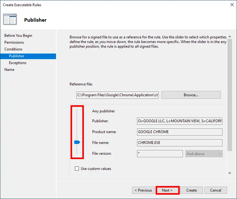 Screenshot of the 'Create Executable Rules' wizard in the AppLocker section of the Group Policy Management Editor. The 'Publisher' page is shown with the reference file set to 'chrome.exe'. The slider is set to include the publisher, product name, file name, and any file version. The 'Next' button is highlighted.