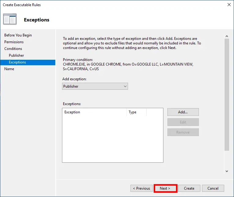 Screenshot of the 'Create Executable Rules' wizard in the AppLocker section of the Group Policy Management Editor. The 'Exceptions' page is shown with no exceptions added. The primary condition is for 'chrome.exe' in 'Google Chrome' from 'Google LLC'. The 'Next' button is highlighted.