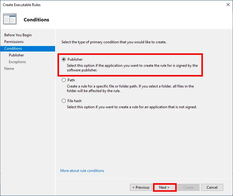 Screenshot of the 'Create Executable Rules' wizard in the AppLocker section of the Group Policy Management Editor. The 'Conditions' page is shown with the 'Publisher' option selected, indicating the rule will be created based on the software publisher. The 'Next' button is highlighted.