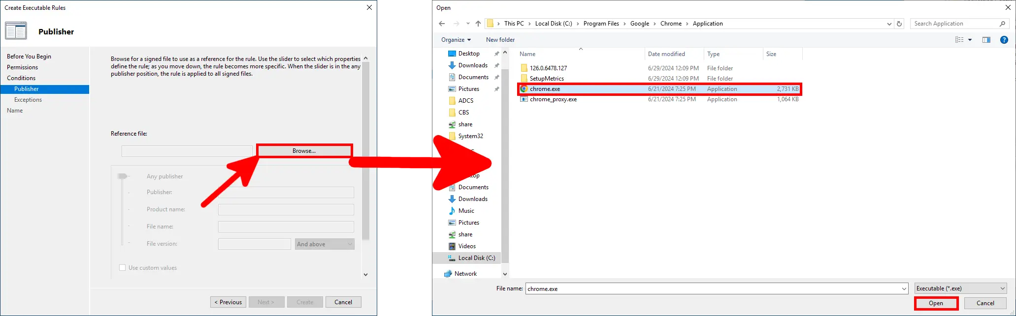 Browsing for and selecting chrome.exe as the reference executable in the AppLocker Publisher rule wizard