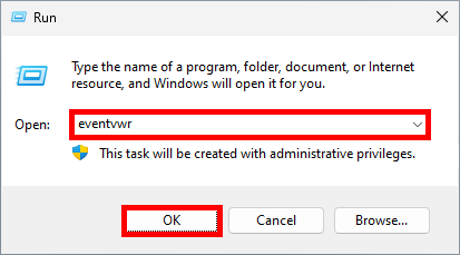 Opening Windows Event Viewer by running eventvwr from the Windows Run dialog to troubleshoot AppLocker