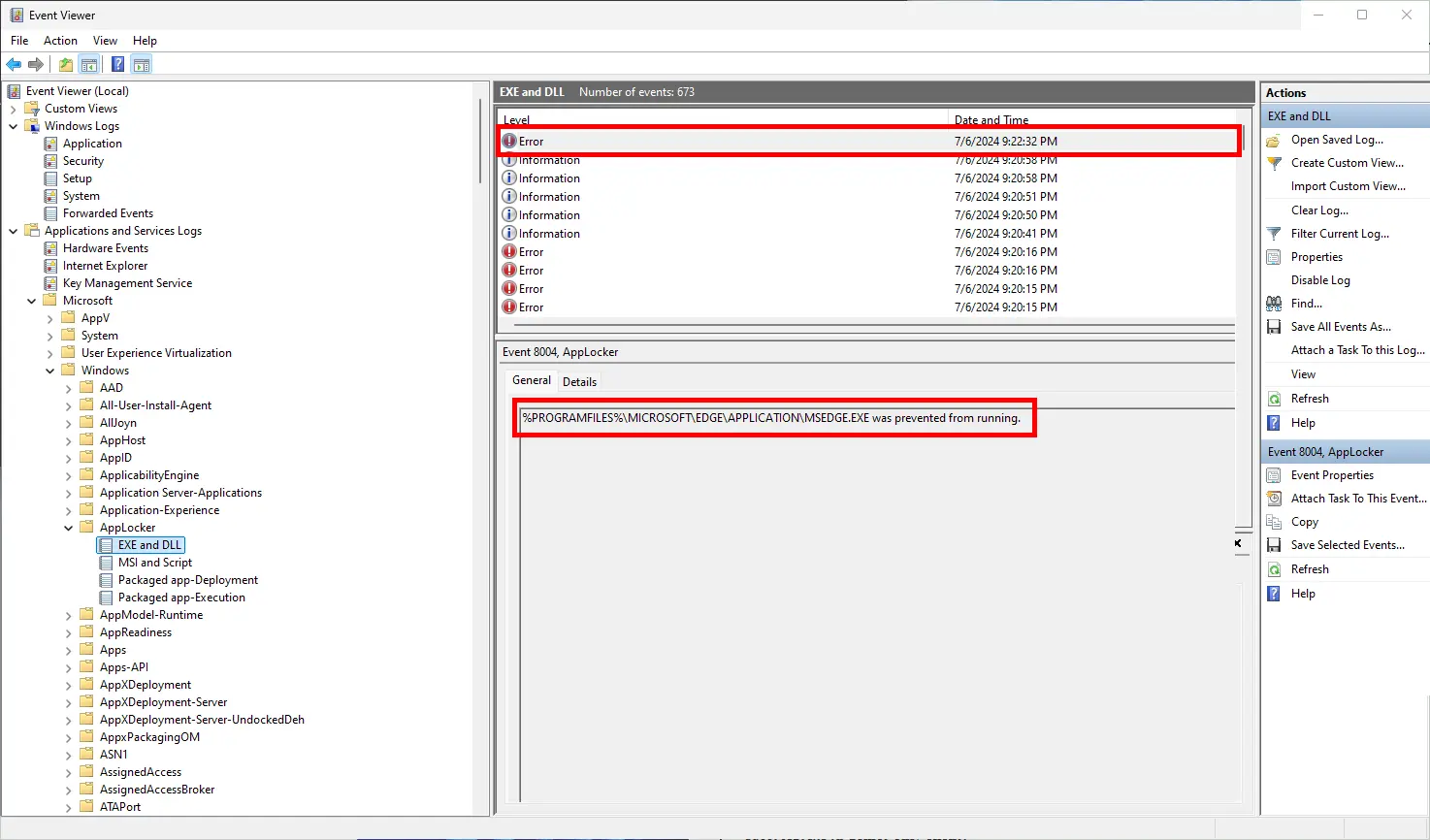 Viewing an AppLocker EXE and DLL event in Windows Event Viewer showing that an executable was prevented from running