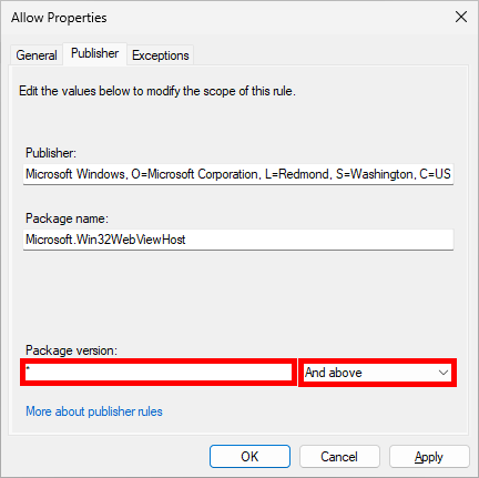 AppLocker packaged app rule configured to apply to all application package versions using And above