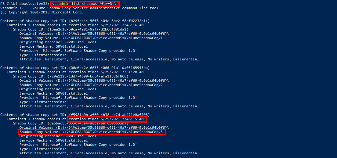 Command output of vssadmin list shadows showing shadow copies for volume D: