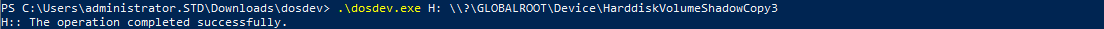 Using dosdev to map a shadow copy to drive letter H: for access in Windows PowerShell