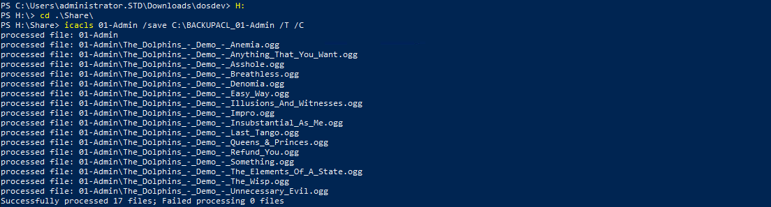 Using icacls command to save ACL permissions of files in a directory to a backup file in Windows PowerShell