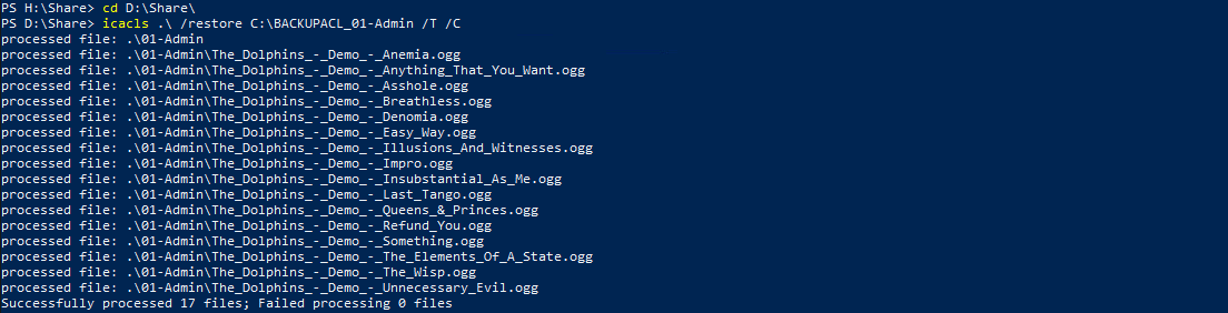 Using icacls command to restore ACL permissions from a backup file to files in a directory in Windows PowerShell