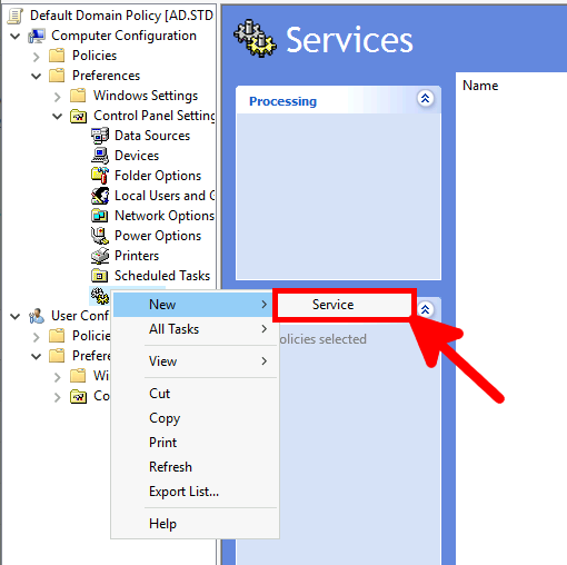 Screenshot of Group Policy Management Editor showing the steps to create a new service for enabling WinRM under Computer Configuration.