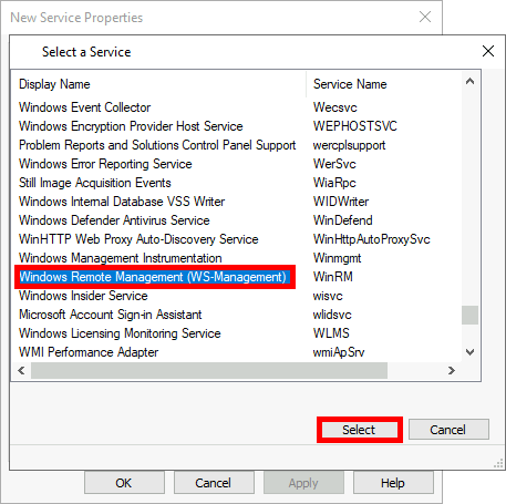 Dialog box in Group Policy Editor showing the selection of Windows Remote Management (WS-Management) service for configuration.