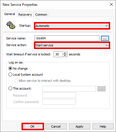 Group Policy Editor dialog box showing the configuration of the WinRM service with automatic startup and start service action.