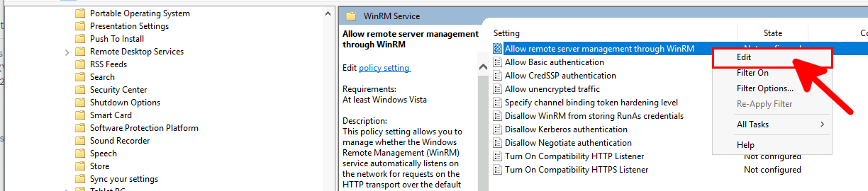 Group Policy Editor showing the option to allow remote server management through WinRM with the Edit option highlighted.