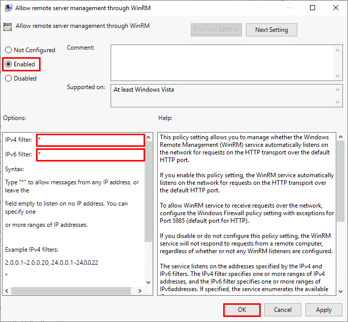 Group Policy settings dialog box showing the configuration to enable remote management through WinRM with IPv4 and IPv6 filters set to allow all addresses.