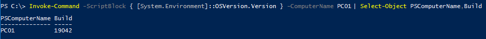 PowerShell command output showing the execution of Invoke-Command to retrieve the OS version and build number of a remote computer.