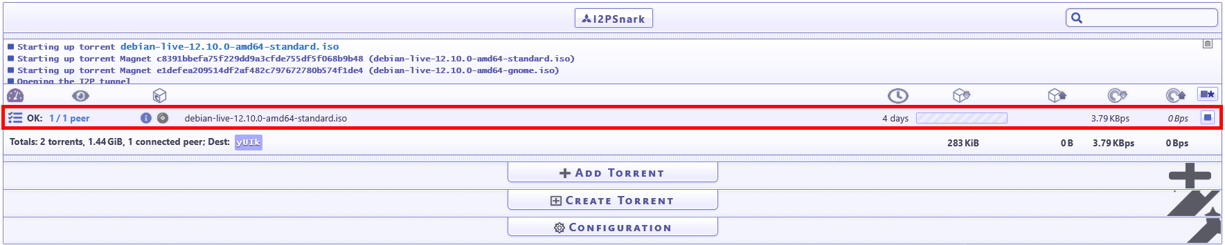 Torrent downloading progress in I2PSnark