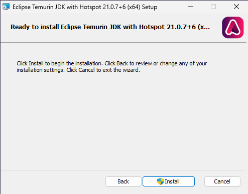 Eclipse Temurin JDK ready to install screen with Install button highlighted