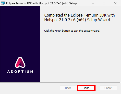 Eclipse Temurin JDK setup completed screen with Finish button highlighted