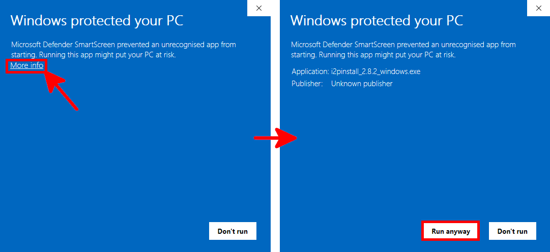 Windows Defender SmartScreen warning with More info and Run anyway options highlighted for I2P installer