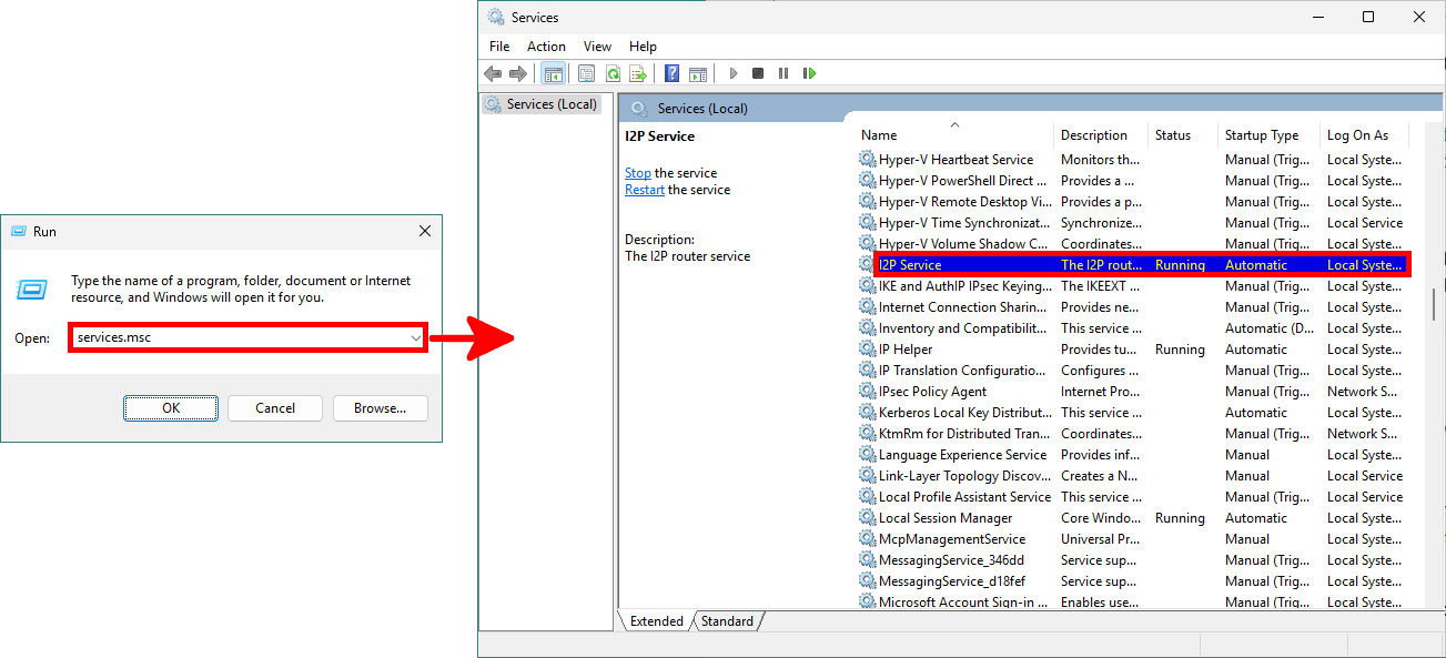 Windows Run dialog with services.msc command and Services window showing I2P Service running
