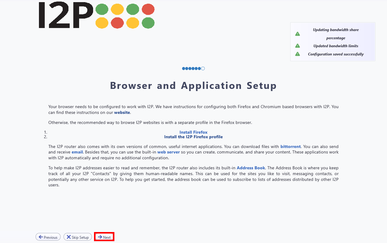 I2P setup screen explaining browser and application setup with instructions and Next button highlighted