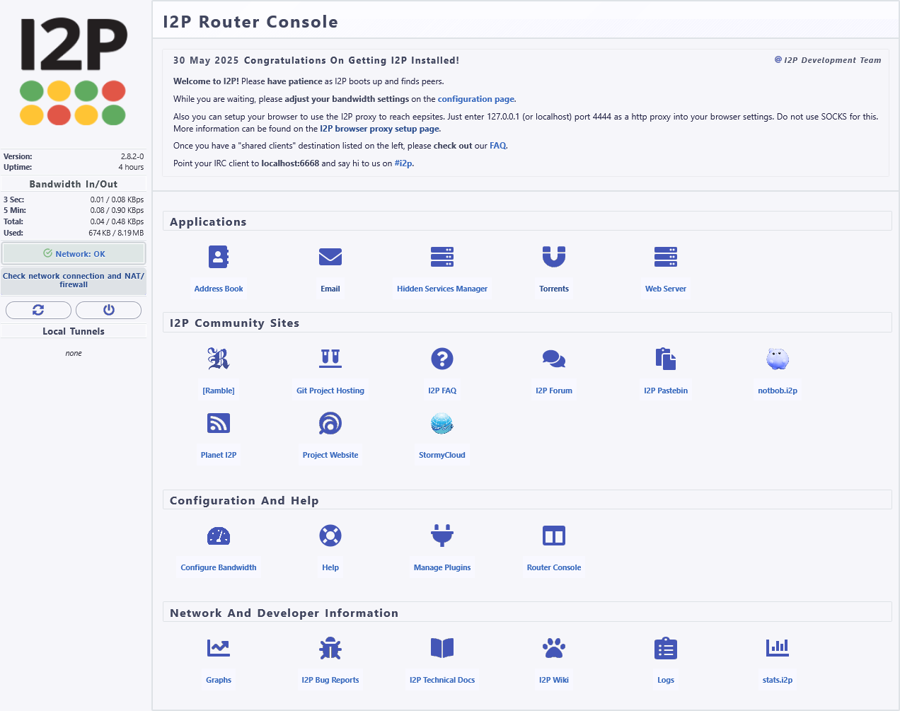 I2P Router Console interface showing bandwidth, services, applications and community links