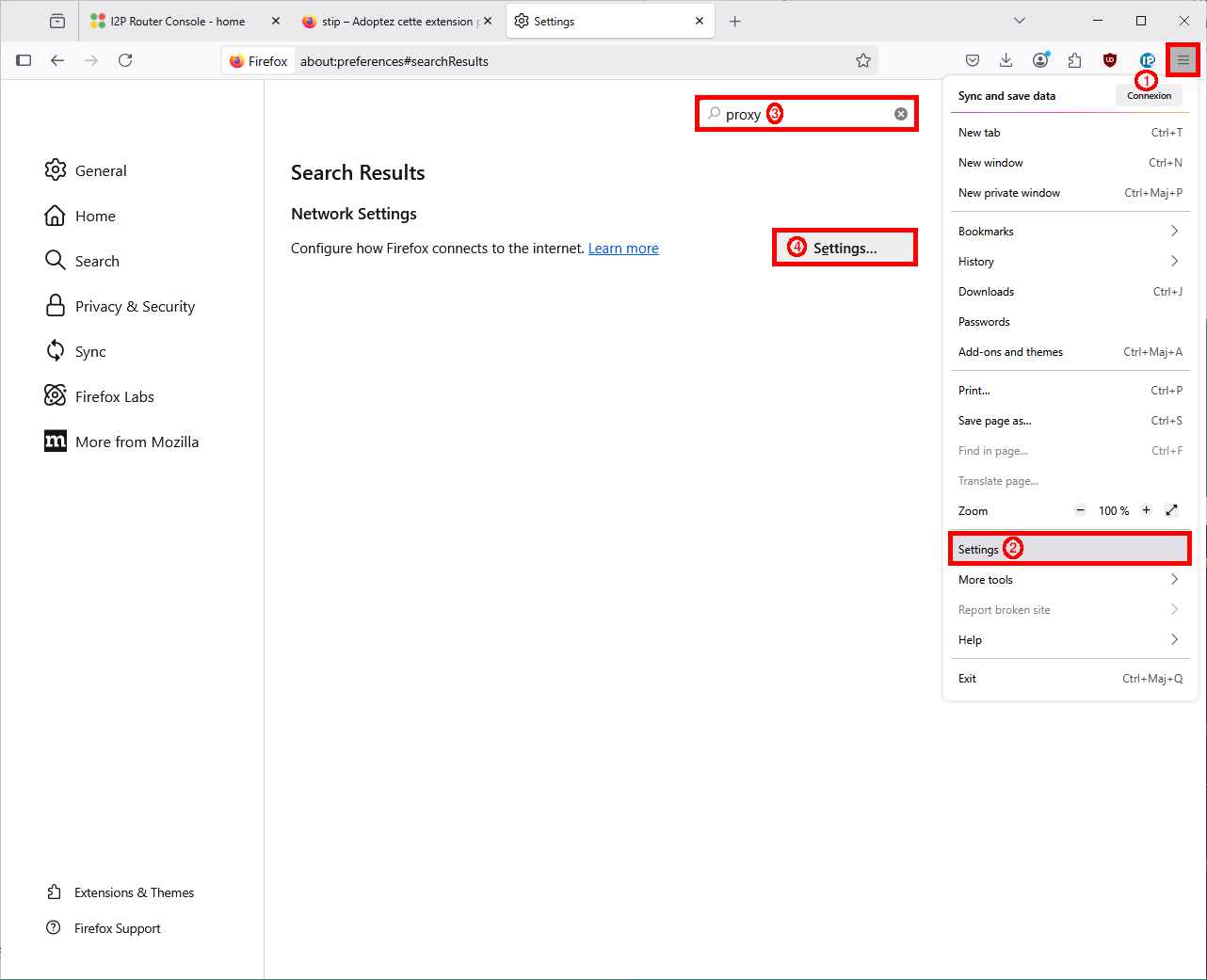 Firefox settings page showing how to access network settings via menu and search for proxy