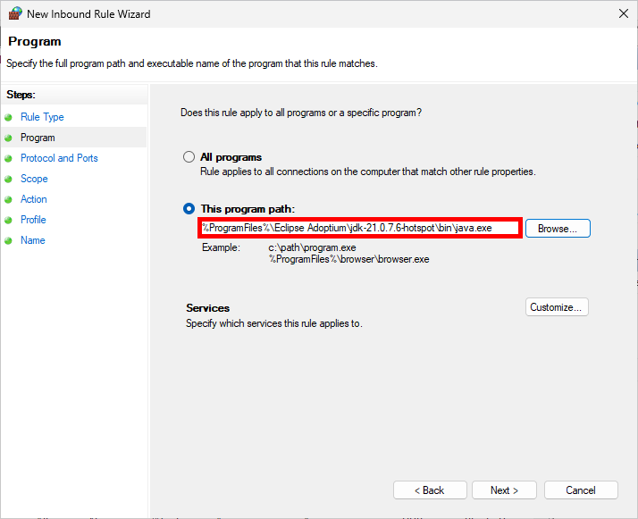 Windows Defender Firewall inbound rule wizard showing This program path selected with the java.exe path entered for Eclipse Temurin