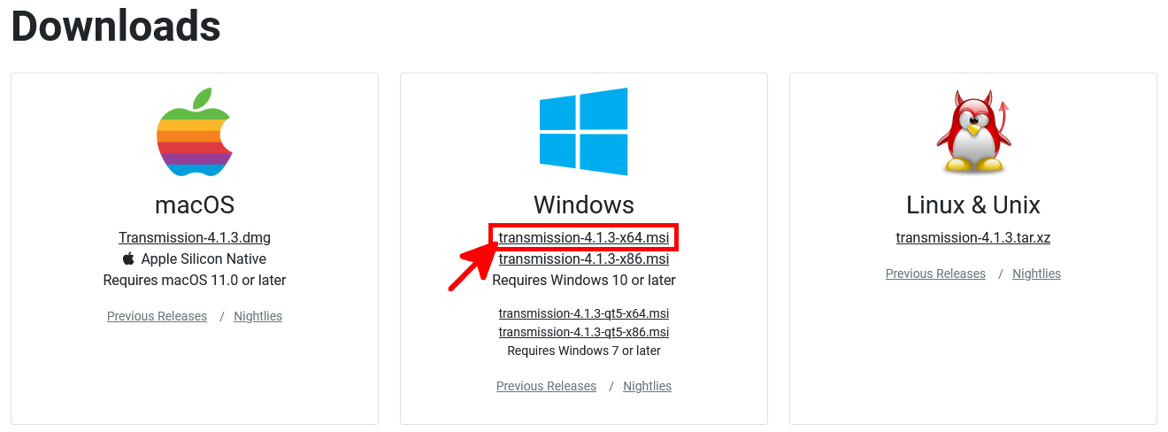 Transmission download page showing the Windows x64 MSI installer