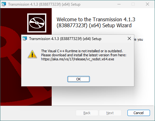 Transmission installer warning indicating that the Microsoft Visual C++ Runtime is missing or outdated