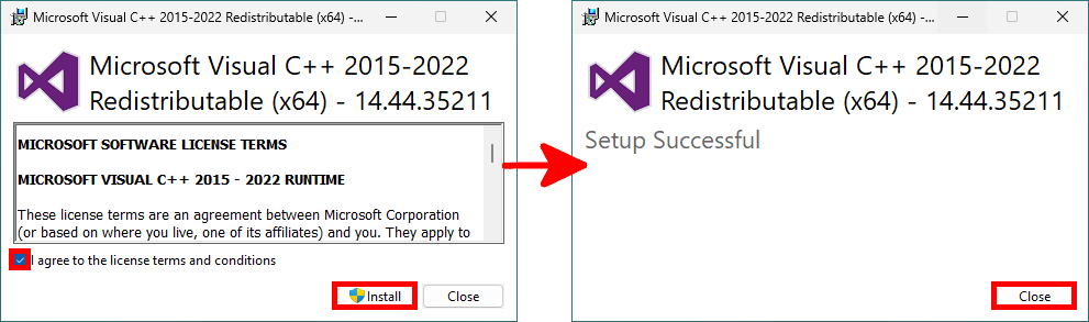 Microsoft Visual C++ Redistributable installer showing license acceptance, installation, and successful setup