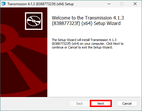 Transmission Setup Wizard on Windows with the Next button highlighted