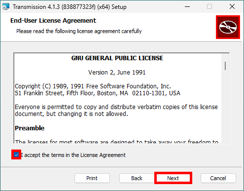 Transmission installer showing the GNU General Public License agreement with the acceptance checkbox and Next button highlighted