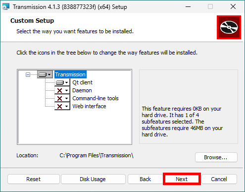 Transmission custom setup screen on Windows with only the Qt client selected