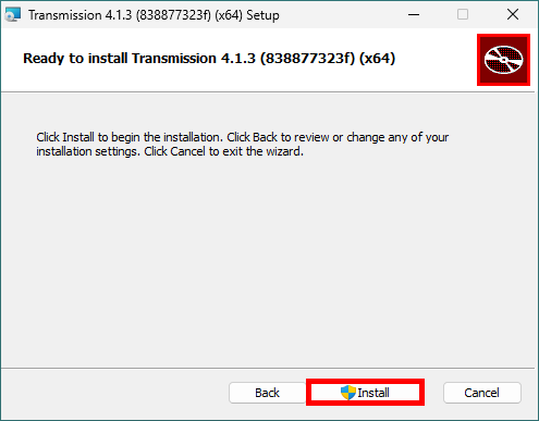 Transmission setup wizard ready to install the BitTorrent client on Windows