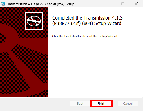 Transmission setup wizard showing that the installation is complete with the Finish button highlighted
