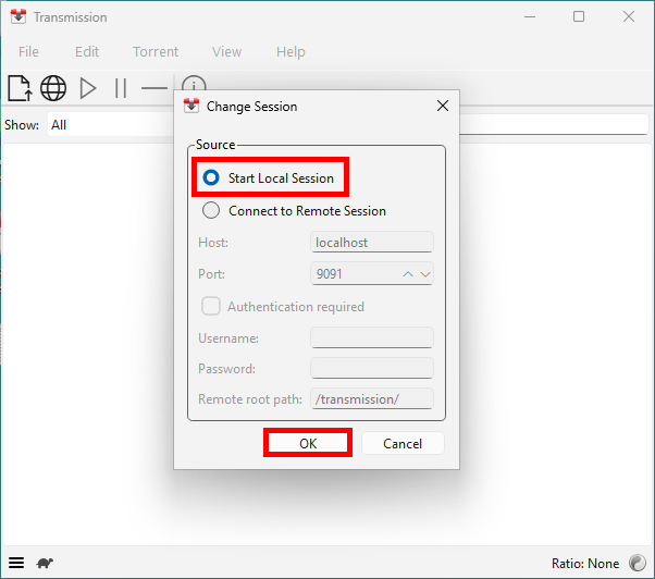 Transmission first startup window showing the Start Local Session option selected
