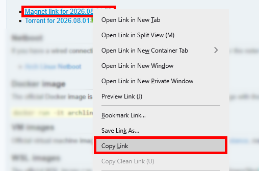 Context menu showing the Copy Link option for the Arch Linux magnet link