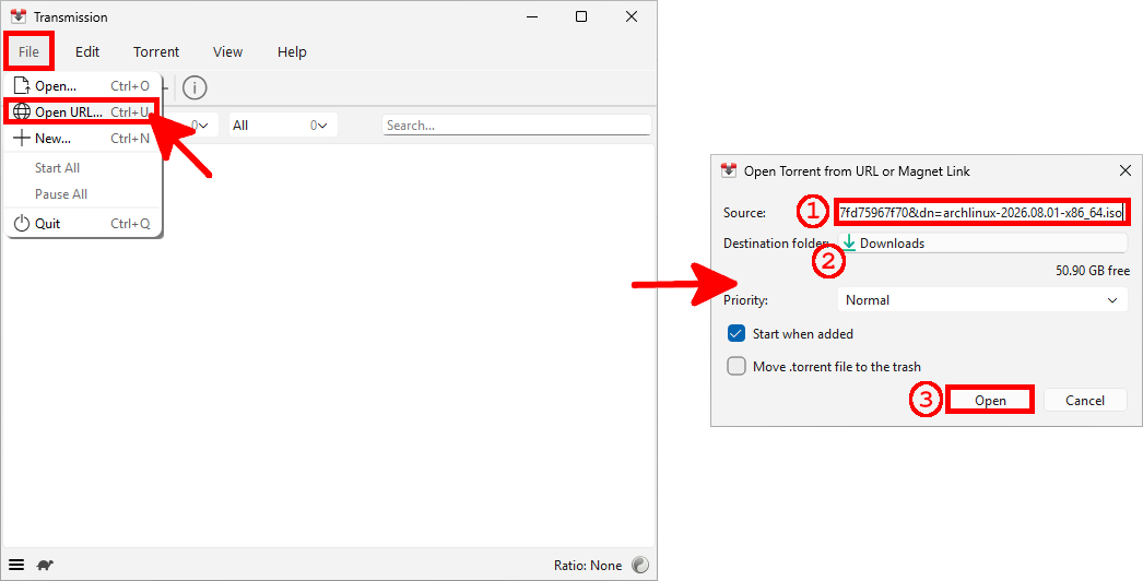 Transmission showing the Open URL option and the dialog box used to paste a magnet link and choose the destination folder