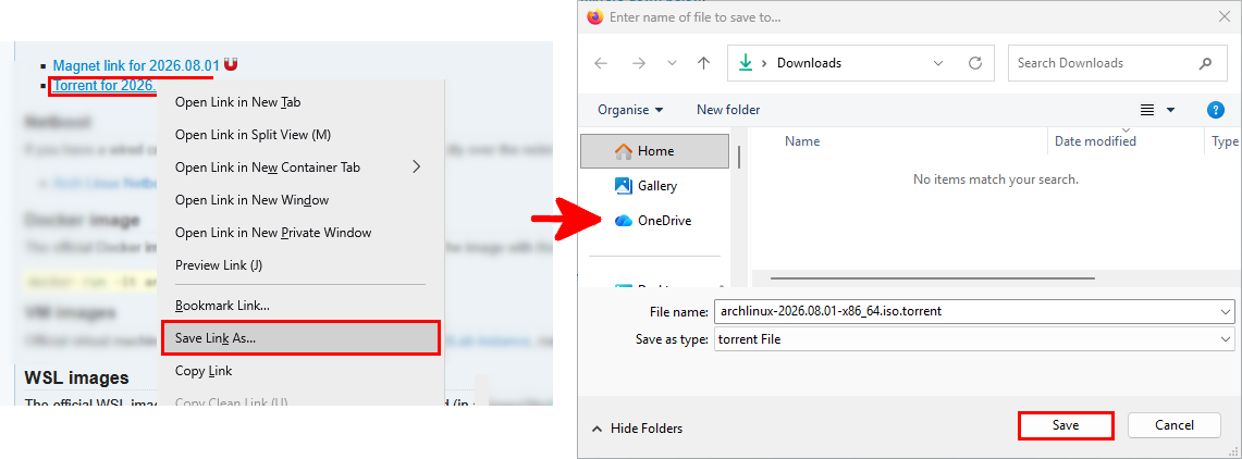 Arch Linux download page and browser dialog showing how to save the torrent file
