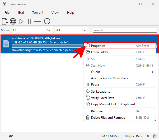 Transmission context menu showing the Properties option for a selected torrent