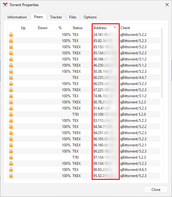 Transmission torrent properties showing the Peers tab with peer IP addresses and BitTorrent client information